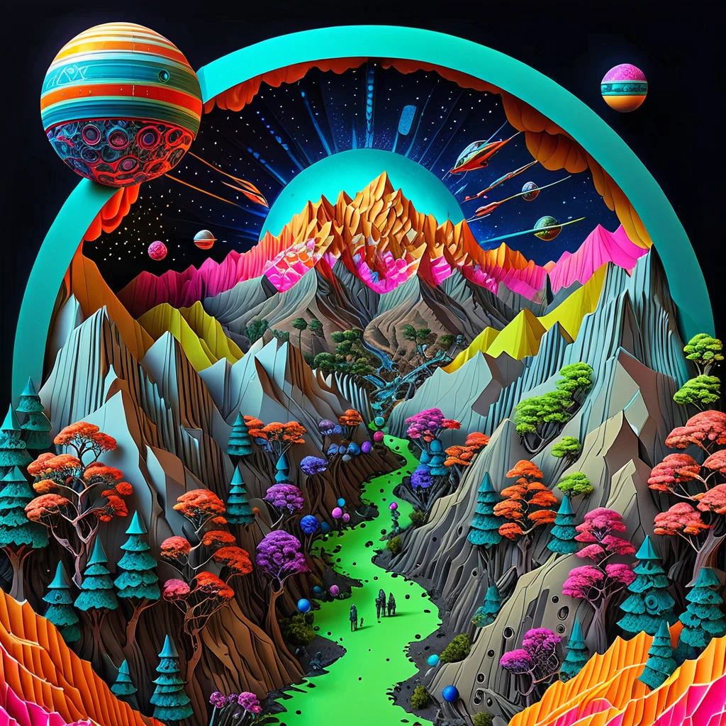 universe,aesthetics of cosmic motifs,art Research,space and the planet in various artistic directions,trees,balls,flashy colors,psychedelic,complex alien planet,colorful,fluo,intricate details,highly detailed,realistic,Mountains,castles,airship,Robot,<lora:é²åä¸æ´¾@æçº¸èºæ¯SDXL:1>Origami art