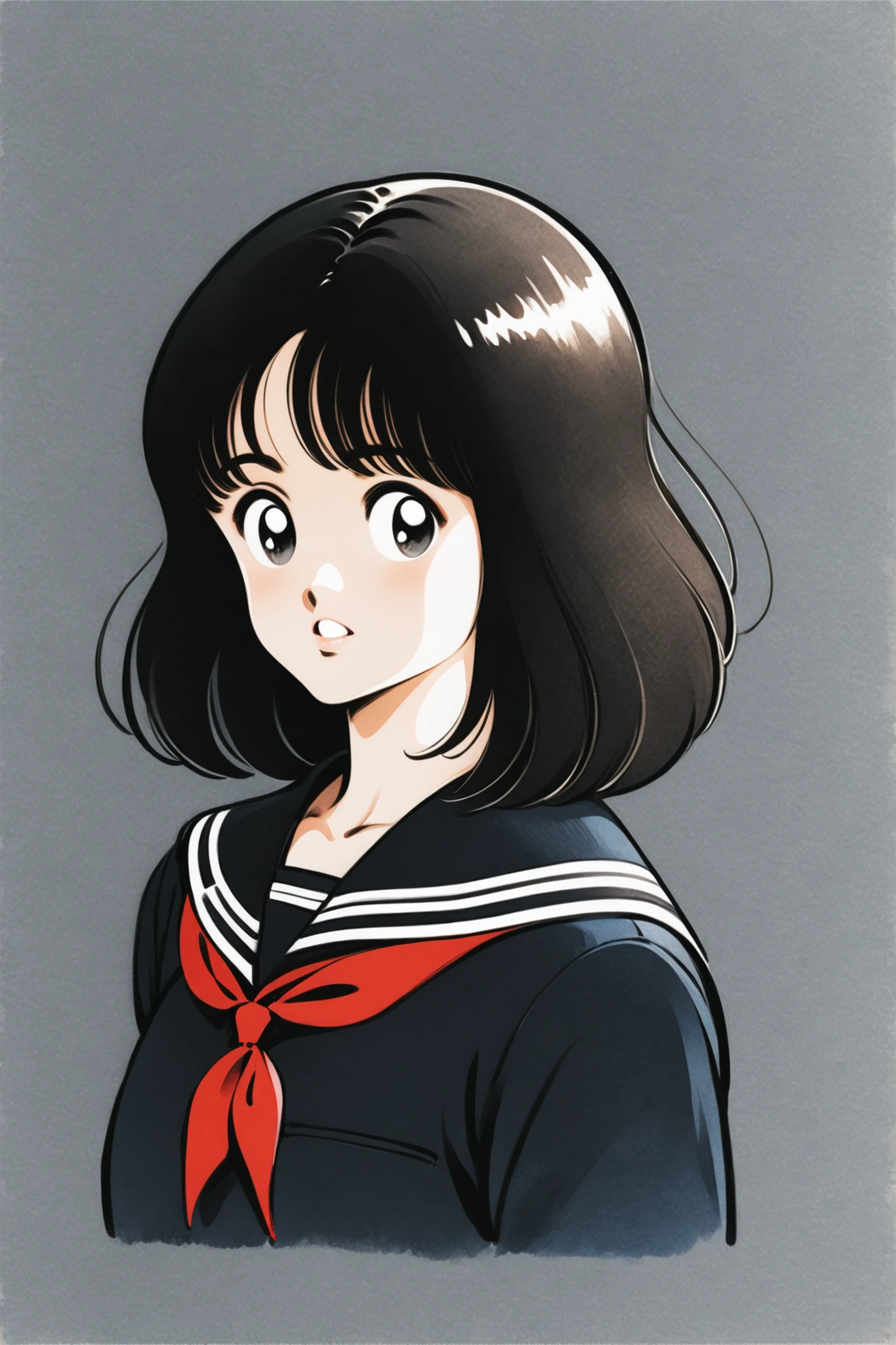 Adachi Style,
1girl,solo,black hair,red neckerchief,neckerchief,upper body,black sailor collar,sailor collar,school uniform,black shirt,simple background,serafuku,shirt,white background,black serafuku,parted lips,traditional media,medium hair,black eyes,cropped torso,
<lora:super lora_flyx3_XL:0.8>,