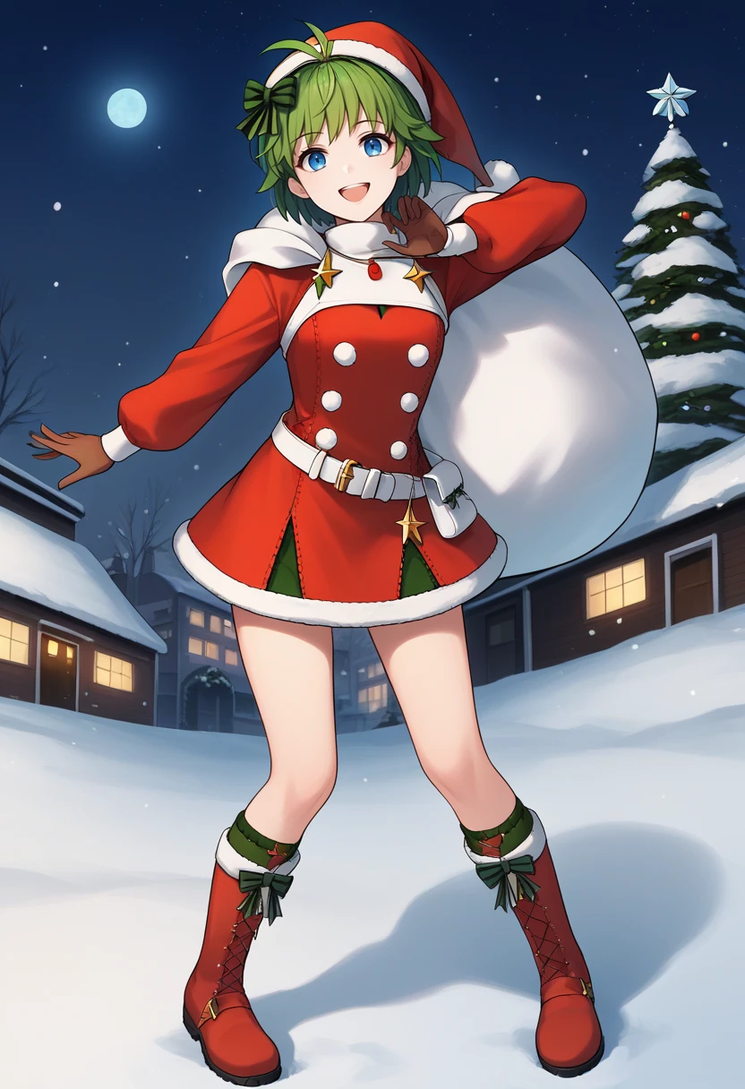 score_9, score_8_up, score_7_up, source_anime BREAK 1girl, solo, standing, looking at viewer, smile, open mouth, <lora:nino-fe-richy-v1_pdxl:1> ninoff, blue eyes, green hair, short hair, antenna hair, green hair bow, santa hat, red dress, fur trim, long sleeves, santa costume, white belt, brown gloves, red knee boots, winter, snow, ice, dark, darkness, night, night sky, outdoors, white sack, thighs