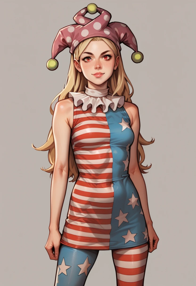 score_9, score_8_up, score_8, score_9, 1 girl, source_anime, <lora:clownpiece_pony-10:1>, jester cap, neck ruff, blonde hair, american flag legwear, american flag dress, clownpiece, red eyes, long hair, detailed background, <lora:Galactic:0.8> Gac