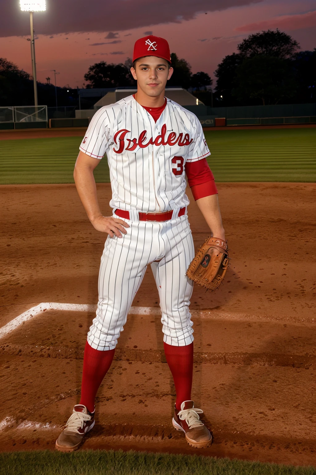 (late evening, (baseball field), stadium lighting), standing at first base, ToryGeorge, slight smile, baseballplayer, (baseball uniform), white jersey with red pinstripes, wearing red baseball cap, white pants with red pinstripes, red socks, (wearing baseball mitt), (((full body portrait))), wide angle,  <lora:ToryGeorge:0.8> <lora:Clothing - Sexy Baseball Player:0.65>