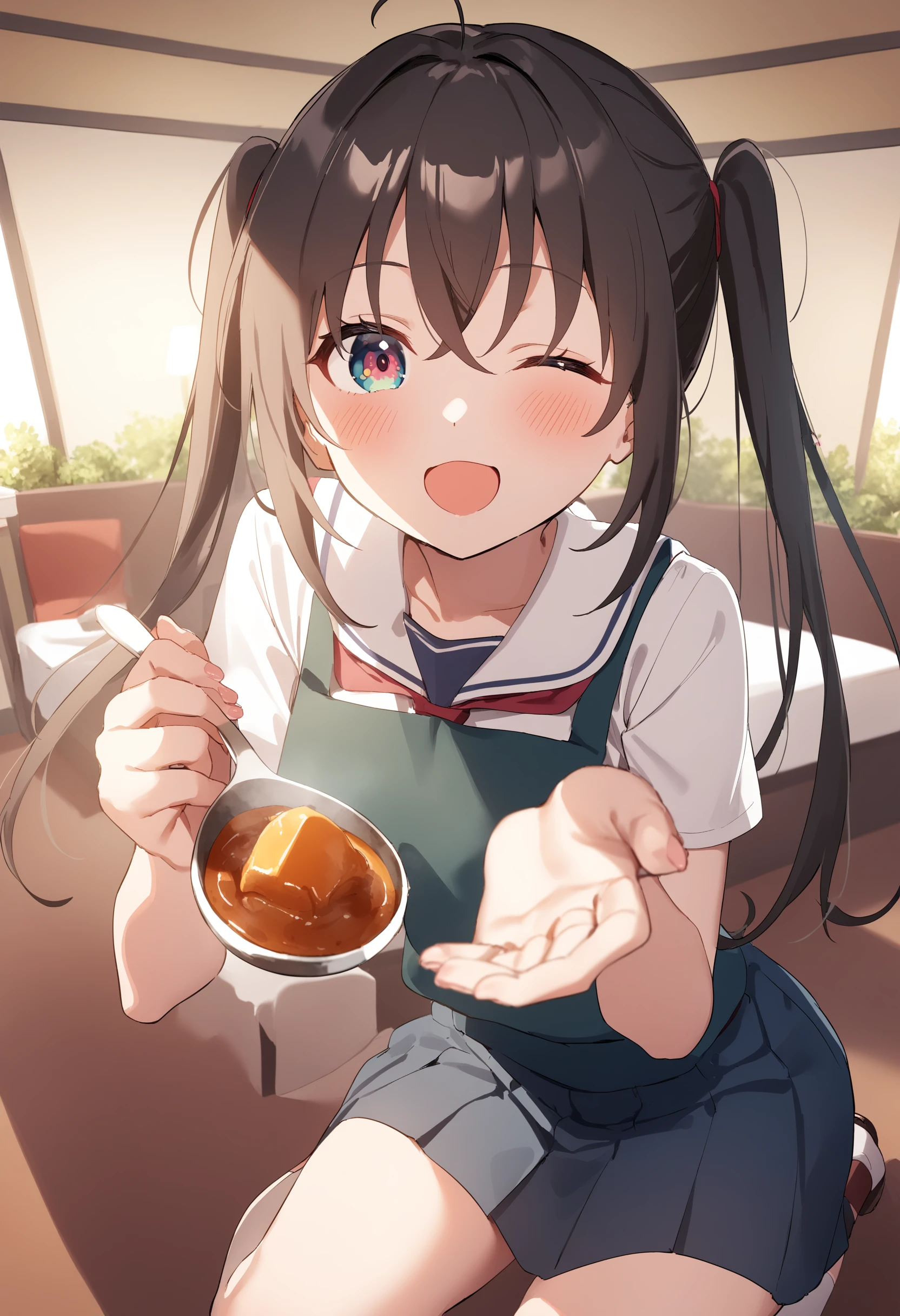 1girl,sincos, ningen mame, toosaka asagi,solo,medium breasts,school uniform,
feeding, food, open mouth, incoming food, looking at viewer, holding spoon, curry, <lora:feeding_XL_v1:0.9>
dutch angle, fisheye lens, blonde hair, brown eyes,wince, hotel, tri tails hair,,
best quality, very aesthetic, absurdres