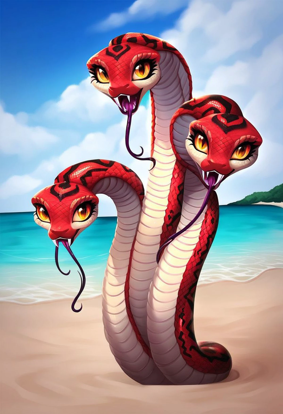 score_9, score_8_up, score_7_up, score_6_up, score_5_up, score_4_up, source_furry, source_monster, digital painting, digital art, detailed background, solo, 1girl, furry, snake girl, Hydra, 3heads, beautiful woman, scale, scalie, beach, sea, detailed scale