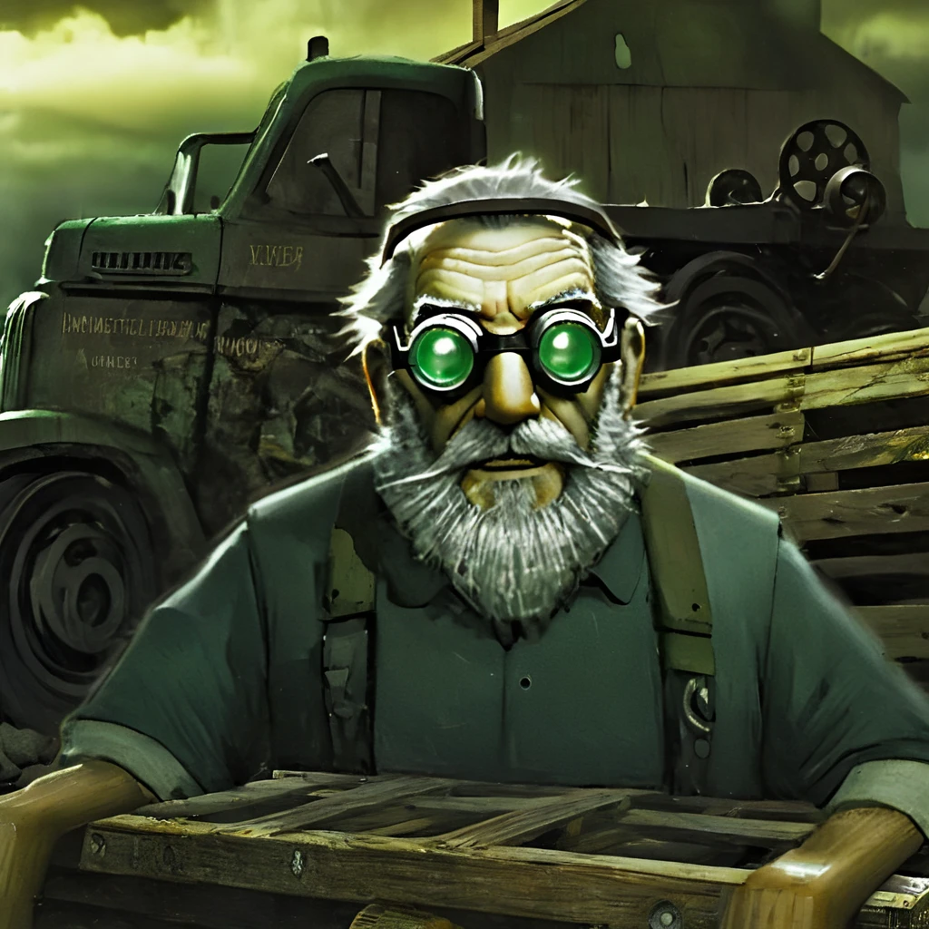 Half-Life 2 beta, HL2 concept art, dark and gritty, (((character, eli maxwell))), ((inventor, old man, grey hair, beard, wearing goggles, closeup of face and upper body, 1/2 body shot)), portrait, quarrytown, seafloor, dystopian wasteland, grey-green sky visible under dark clouds,  (scene brightly illuminated by low-angle green sunlight, green rimlight, green highlight), piston, pulleys, technology, old dinged-up truck in the background, pallets leaning against a wall in the background, ((best lighting, best shadows, two-tone colour scheme, dramatic lighting, gorgeous landscape, extremely high detail, biblical painting))