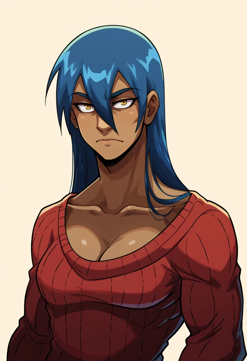 score_9, score_8_up, score_7_up, BREAK <lora:gogobomango-guy-PONYv1:.9>, gogobomango, 1girl, solo, dark skin, dark-skinned female, blue hair, hair between eyes, toned, portrait, <lora:hades-guy-PONYv1:1>, cleavage, shadow, sweater,