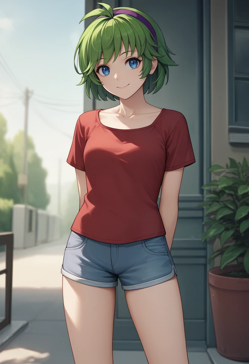 score_9, score_8_up, score_7_up, source_anime BREAK 1girl, solo, standing, looking at viewer, smile, <lora:nino-fe-richy-v1_pdxl:1> ninornd, blue eyes, green hair, short hair, antenna hair, purple hairband, standing, arms behind back, collarbone, red shirt, shorts, thighs,