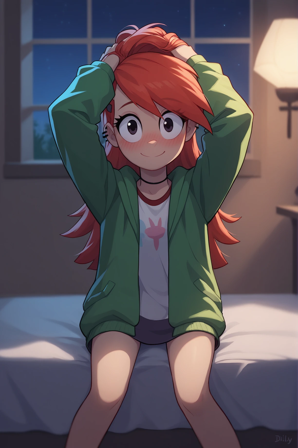 score_9,score_8_up,score_7_up, FrankieFoster, solo, long hair, open hair, full body,(hands in hair, tying up her hair), sitting on end of bed, looking at viewer, shy smile, depth of field, blushing, beautiful, green jacket, green hoodie, head tilt, night, dimly lit, romantic,<lora:FrankieFoster-09:1>