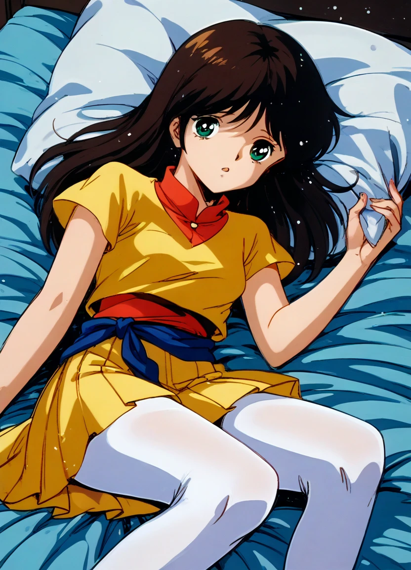 score_9, score_8_up, score_7_up, masterpiece, best quality, very aesthetic, absurdres, official art, official style, anime screencap, megami magazine, zPDXL2, zPDXLxxx, rating_safe, sfw, 1980s \(style\), retro artstyle <lora:Cream Lemon Nonomura Ami Pony v1_epoch_10:1.0>, 1girl, solo focus, cream_ami, (medium breasts:1.2), green eyes, BREAK, brown hair, bangs, BREAK, (yellow dress, short sleeves, yellow skirt, pleated skirt:1.2), BREAK, (undershirt:1.2), orange shirt, BREAK, sash, blue sash, BREAK, white pantyhose, BREAK, 4fingers, 1thumb, <lora:neg4all_bdsqlsz_xl_V91:1.0> <lora:ALTXL_pony_0061_8:2.0>, <lora:Difference_SaturationEbaraPonyCoolTemperatureV2_1e04:1.0>, bedroom, bed sheet, pillow, dim lighting, light particles, detailed background, detailed background,