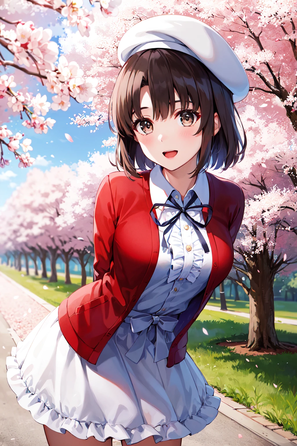 masterpiece, best quality, highres, aamegumi, short hair, beret, white headwear, neck ribbon, frills, white dress, red cardigan, open clothes, long sleeves, white bow, <lora:katou_megumi_v2:0.7>, arms behind back, smile, open mouth, standing, cowboy shot, leaning forward, outdoors, cherry blossoms