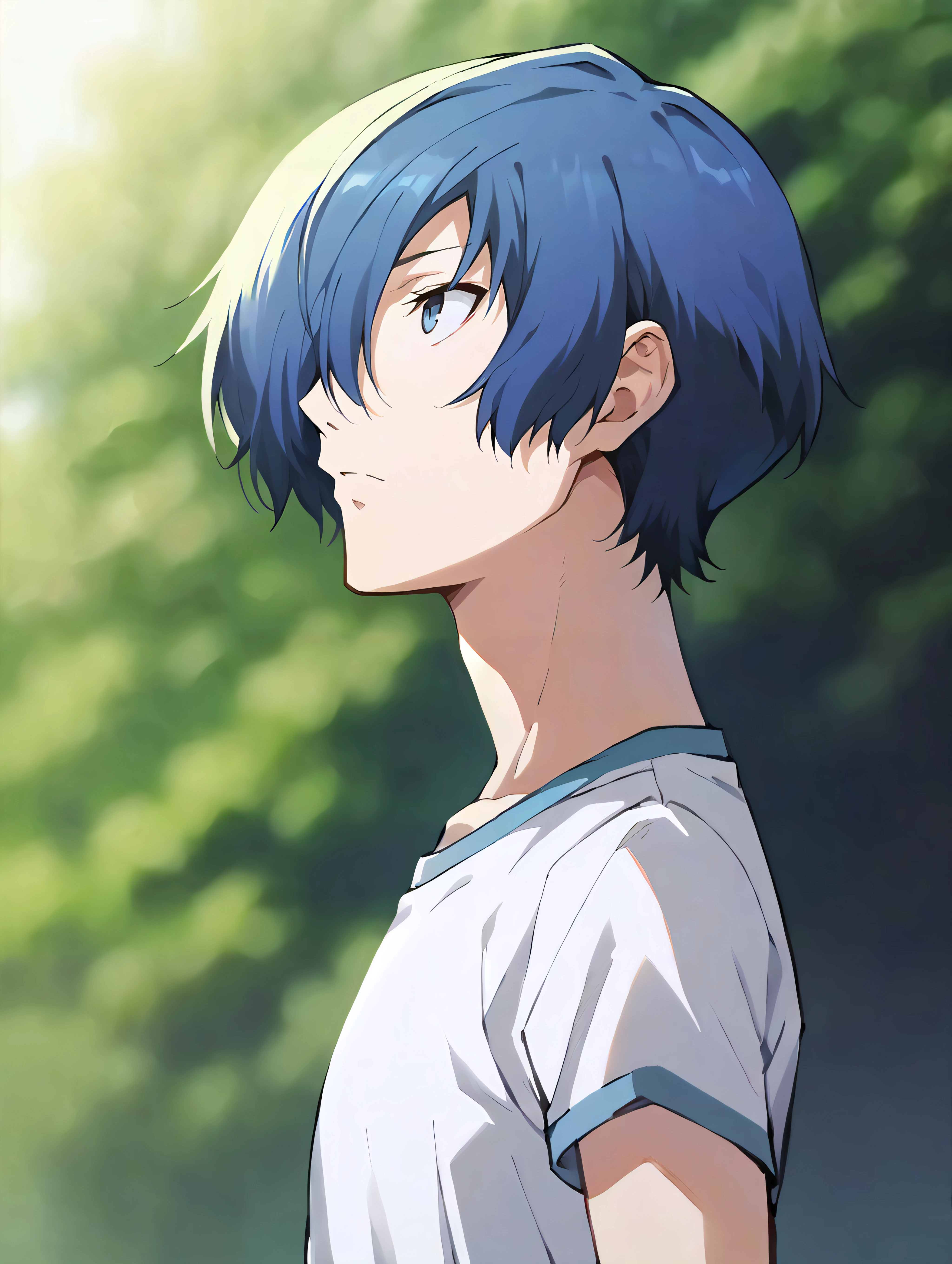 score_9, score_8_up, score_7_up, score_6_up, score_5_up, score_4_up, rating_explicit, BREAK solo, makotoyuki, yuuki makoto, 1boy, slim, blue eyes, blue hair, hair over one eye, short hair, shirt, <lora:MakotoYuki_PDXL:1>, expressionless, looking away, from side