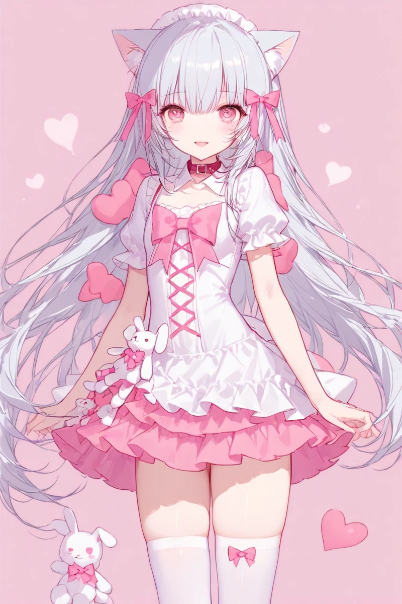 masterpiece, best quality, perfect features, (hitenkei, askzy:0.4), 1girl, solo,pink skirt,white skirt, thighhighs,dress, stuffed bunny, light smile,  looking at viewer, smile, open mouth, hearts,simple background,   animal ears, collar, cat ears, animal ear fluff, pink eyes, heart,heart-shaped pupils, maid headdress, hair bow, <lora:Nyarutoru_xl:0.8>