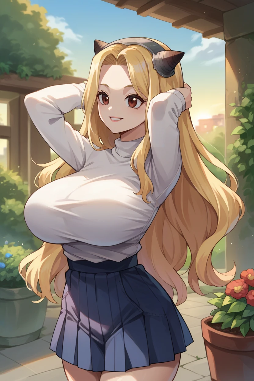 score_9, score_8_up, score_7_up, score_6_up, source_anime BREAK 1girl, solo,  <lora:dsminami-pdxl-nvwls-v1-000005:1> hokutozai minami, blonde hair, fake horns, hairband, large breasts, white sweater, pleated skirt, garden, blue sky, sunset, wide shot, smile, looking up, happy, arms behind head