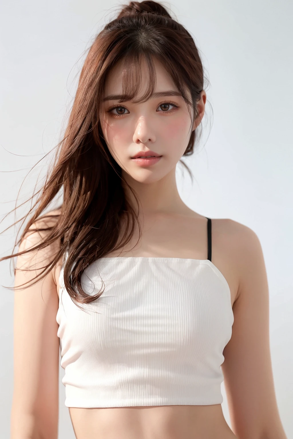 <lora:Arina_Hashimoto_kk:0.8>,1girl,solo,realistic,photorealistic,ultra detailed,looking at viewer,upper body,arina hashimoto,crop top, white background, simple background