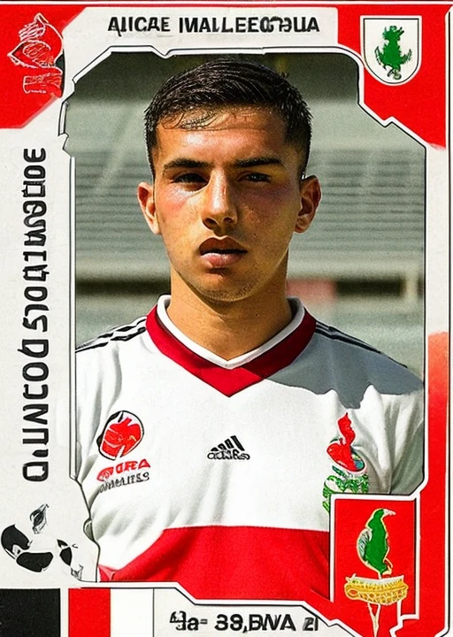 pa_fb_st , 1boy, male focus, solo, sportswear, soccer uniform, Moroccan flag, english text,logo, <lora:Panini_Football_Stickers:1>