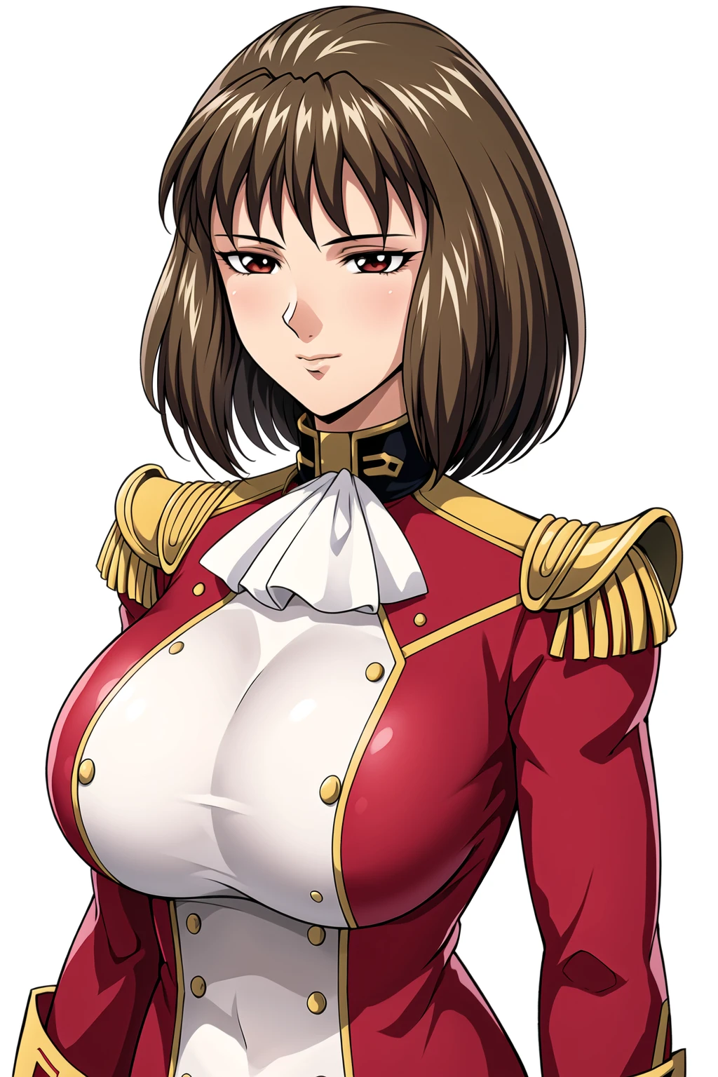 Simple White Background,
dynamic pose,standing at attention,
red uniform,red_jacket,long_sleeves,gold trim,White_ascot, buttons,White_Long_pants,
<lora:Luna_Armonia_Gunit-KK77-V2:0.7>,
brown_eyes, brown_hair, short_hair,bangs, bob_cut,
<lora:more_details:0.1>,<lora:Oda_Non_Style-KK77-V2:0.3>,<lora:Sexy_AIart-KK77-V1:0.3>,
1 girl, 20yo,Young female,Beautiful long legs,Beautiful body,
Beautiful Nose,Beautiful character design, perfect eyes, perfect face,expressive eyes,perfect balance,
looking at viewer,(Focus on her face),closed mouth, (innocent_big_eyes:1.0),(Light_Smile:0.3),
official art,extremely detailed CG unity 8k wallpaper, perfect lighting,Colorful, Bright_Front_face_Lighting,White skin,
(masterpiece:1.0),(best_quality:1.0), ultra high res,4K,ultra-detailed,
photography, 8K, HDR, highres, absurdres:1.2, Kodak portra 400, film grain, blurry background, bokeh:1.2, lens flare, (vibrant_color:1.2),professional photograph,
(Beautiful,large_Breasts:1.4), (beautiful_face:1.5),(narrow_waist),