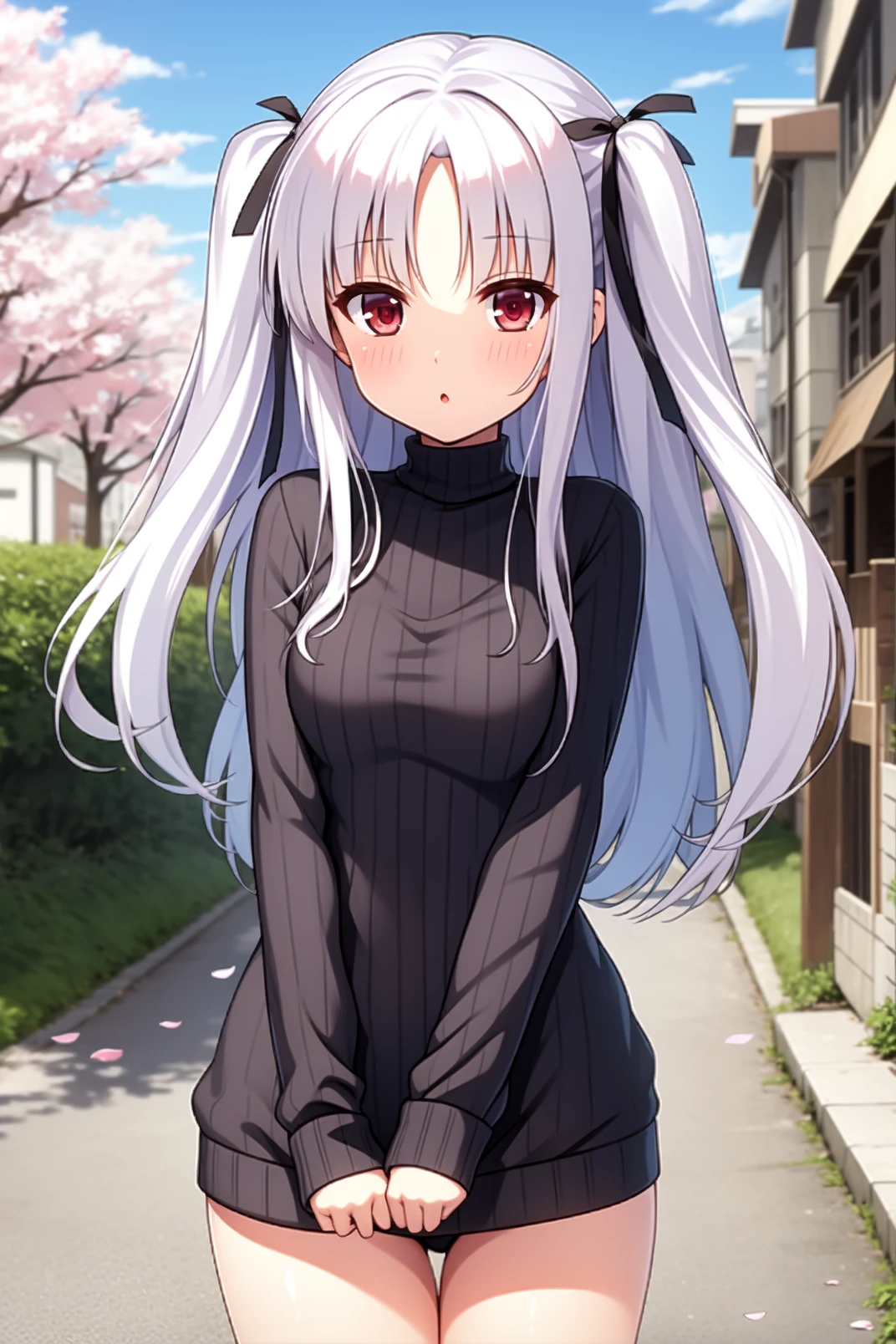 solo, masterpiece, best quality, outdoors, street, cherry blossom, looking at viewer, :o, closed mouth, blush, standing, cowboy shot, julie, red eyes, grey hair, long hair, two side up, blunt bangs, hair ribbon, black ribbon, ribbed sweater, sweater dress, turtleneck, long sleeves 