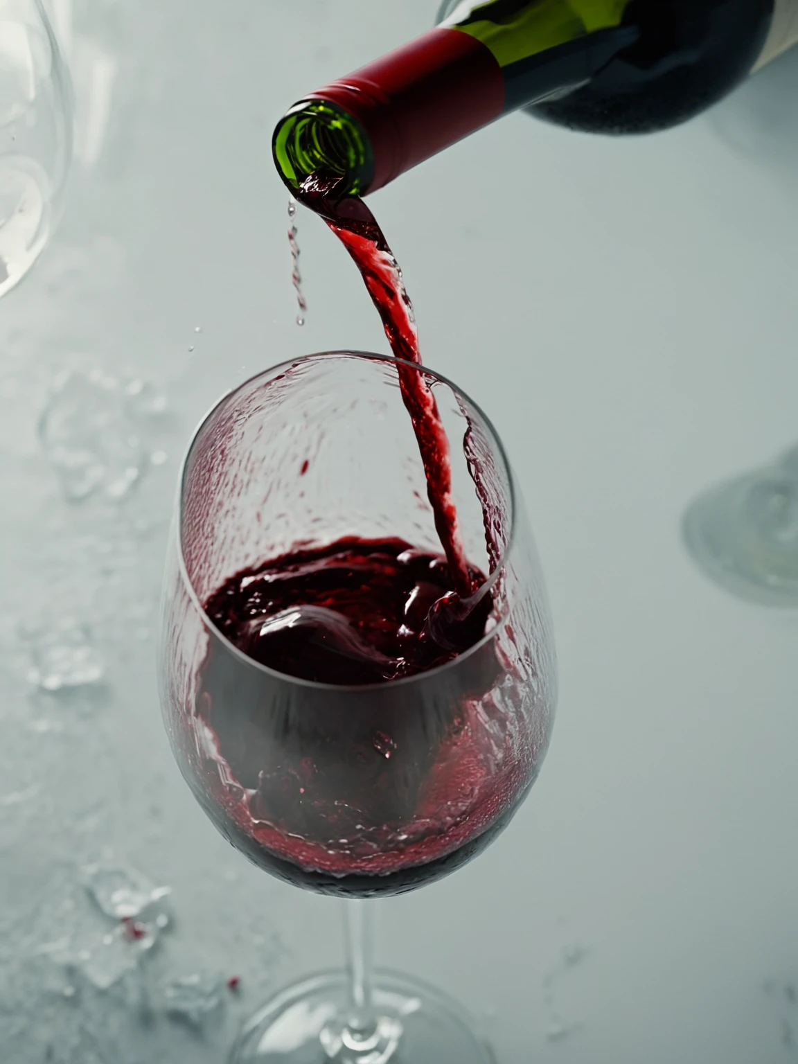 The scene is shot from a high angle, following the angle of pouring wine from a bottle and looking towards the tabletop. The bright red wine flows from the bottle into a transparent glass, and the ice in the glass shakes as the wine enters, reflecting a charming radiance. The scene is very textured, with exaggerated camera performance, extreme details and texture, and a cinematic feel,