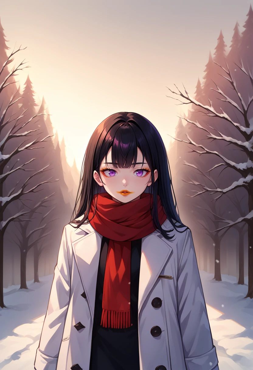 score_9, score_8_up, source_anime, 1girl, solo, BS, black hair, bangs, purple eyes, long hair, red scarf, white coat, smeared lipstick, orange lipstick, outdoors, winter, snow, <lora:ChamSmearedLipstickPonyXL:1> <lora:Bloodsplash-XL-V4:0.8>