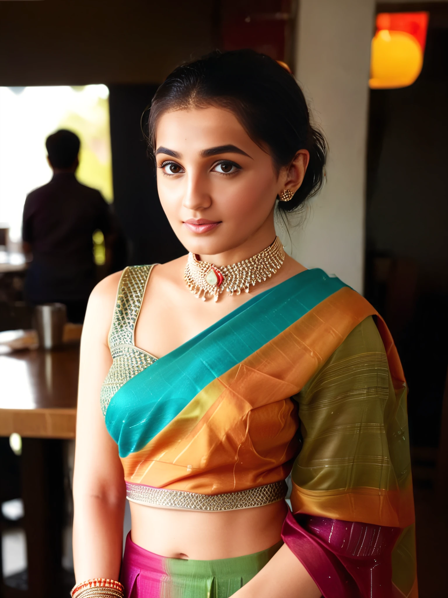 portrait photo of a 30-year-old vedika pinto woman, colorful modest high neck Bomkai Saree (Odisha traditional saree), looking at camera,day time at Restaurant in bokeh  <lora:vdka_Vedika_Pinto_SDXL_LoRA_adafactor-step00002000:1>