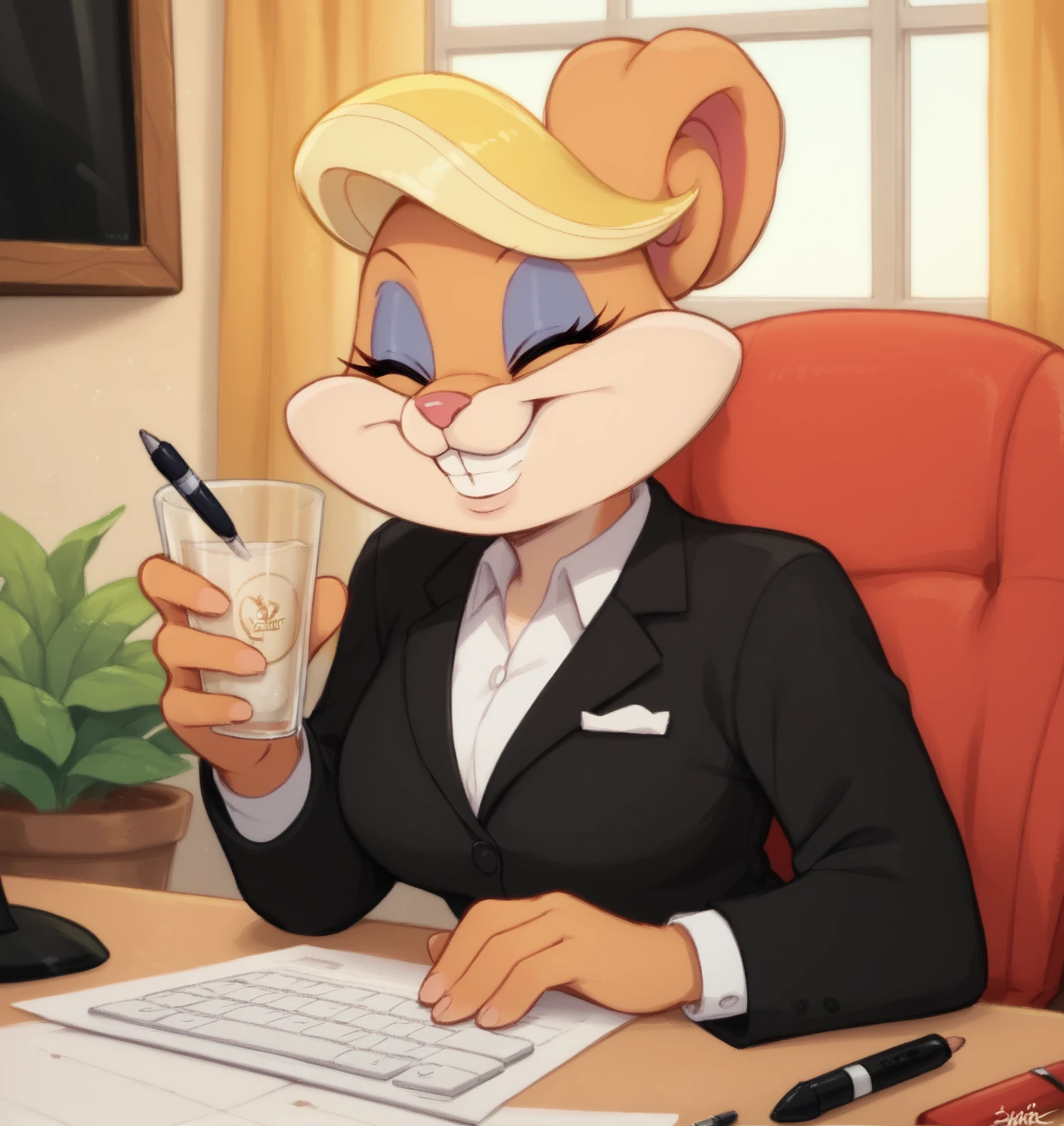 score_9, score_8_up, score_7_up, score_6_up, Detailed Background, BREAK
 <lora:Patricia_Bunny_Looney_Tunes_for_PonyXL:0.8>, patriciabunny, furry female, 1girl, blonde hair, smile, jewelry, teeth, BREAK
office, secretary, suit, eyes closed, paperwork, window, monitor, keyboard, pens in cup,