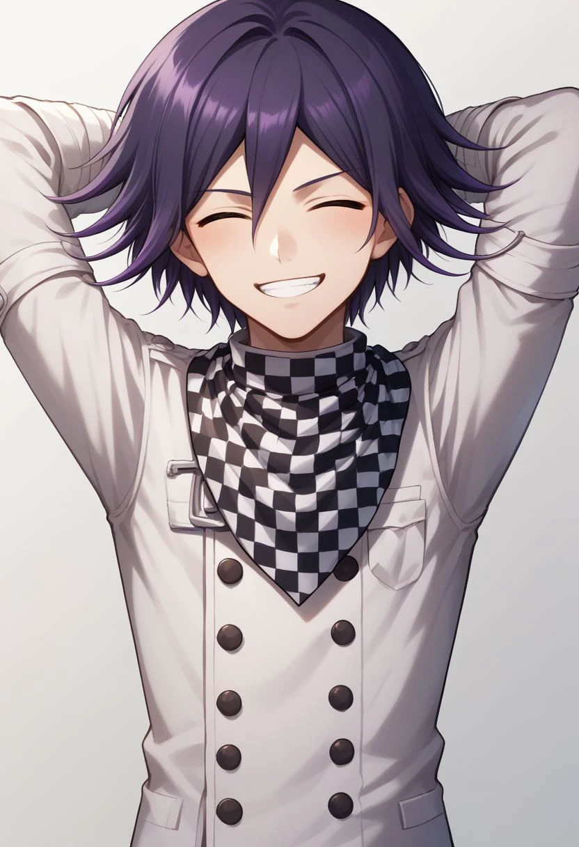 score_9, score_8_up, source_anime, highly detailed, 1boy, solo, skinny,
kokichi, male focus, 1boy, solo, big smile, checkered clothes, checkered scarf, grin, scarf, arms behind head, closed eyes, bangs, straitjacket, purple hair, upper body,
indoor,