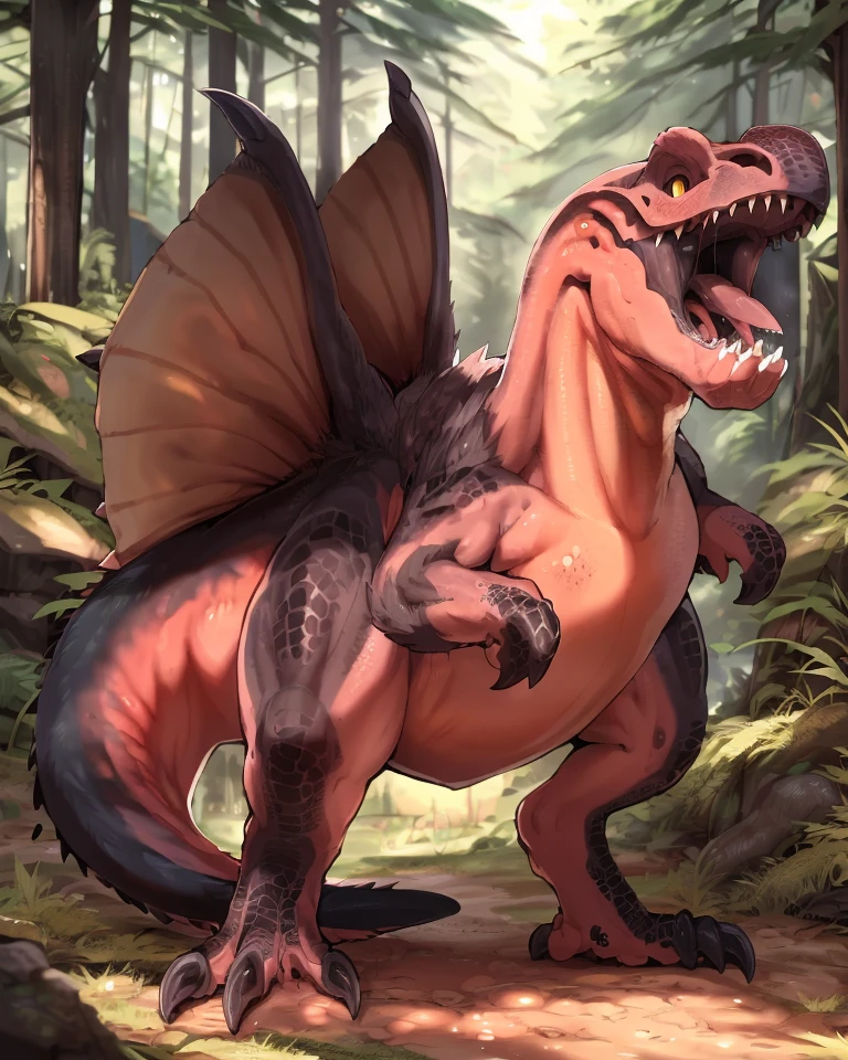 <lora:MH_Anjanath_a1_1_VPred-000007>,<lora:fluffyrock-quality-tags-v4:0.5>,
(best quality, good quality),feral,anjanath,solo,hi res,by zackary911,by syuro,(by dagasi:0.5),by hanuvo,
detailed background,forest,
three-quarter view,tail,yellow eyes,black sclera,wings,open mouth,tiny arms,