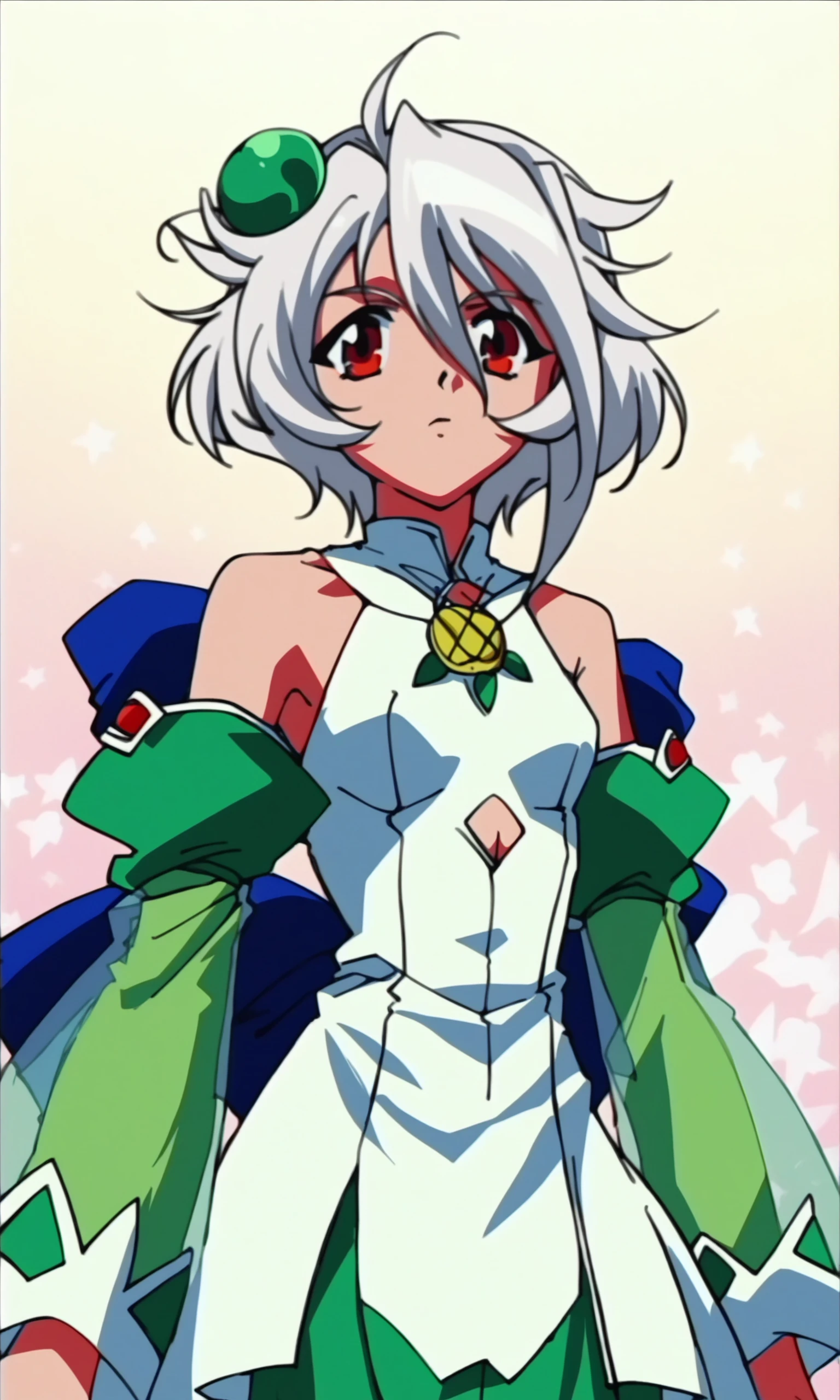 (score_9,score_8_up,score_7_up),source_anime,
1990s anime,kokkoro,short hair,white hair,hair ornament,hair between eyes,bare shoulders,small breasts,detached sleeves,sleeveless,puffy sleeves,white dress,sleeveless dress,antenna hair,green dress,see-through sleeves,green sleeves,