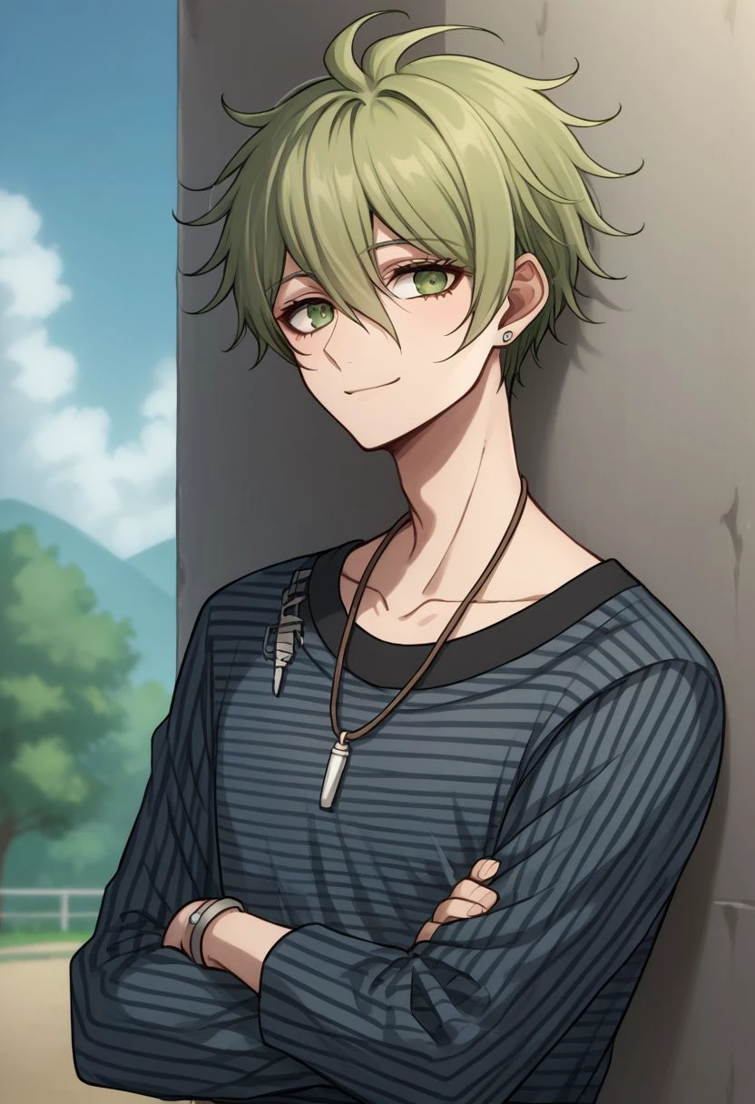 score_9, score_8_up, source_anime, highly detailed, 1boy, solo, skinny
rantaro, male focus, 1boy, jewelry, solo, shirt, smile, striped, ring, short hair, green hair, bangs, collarbone, green eyes, striped shirt, crossed arms
outdoors,