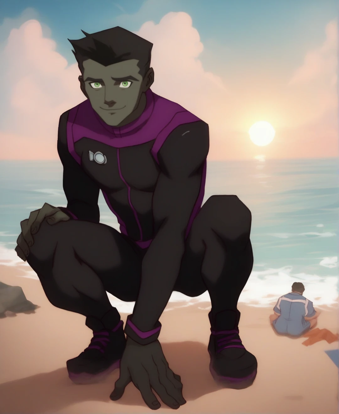<lora:Beastboy:1>, score_9, score_8_up, score_7_up, 1boy, looking at viewer, beastboy, black bodysuit, outdoors, sky, bodysuit, sun, clouds, squatting, spread legs, muscular male, green eyes, beach, hands on knees, light smile,