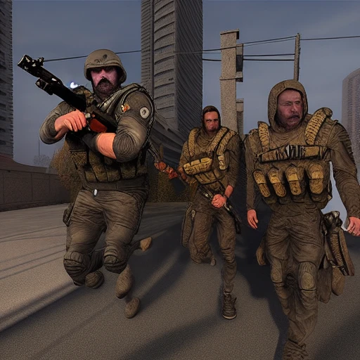male focus, bag, 2boys, car, helmet, guitar, holding, load bearing vest, assault rifle, holding weapon, bald