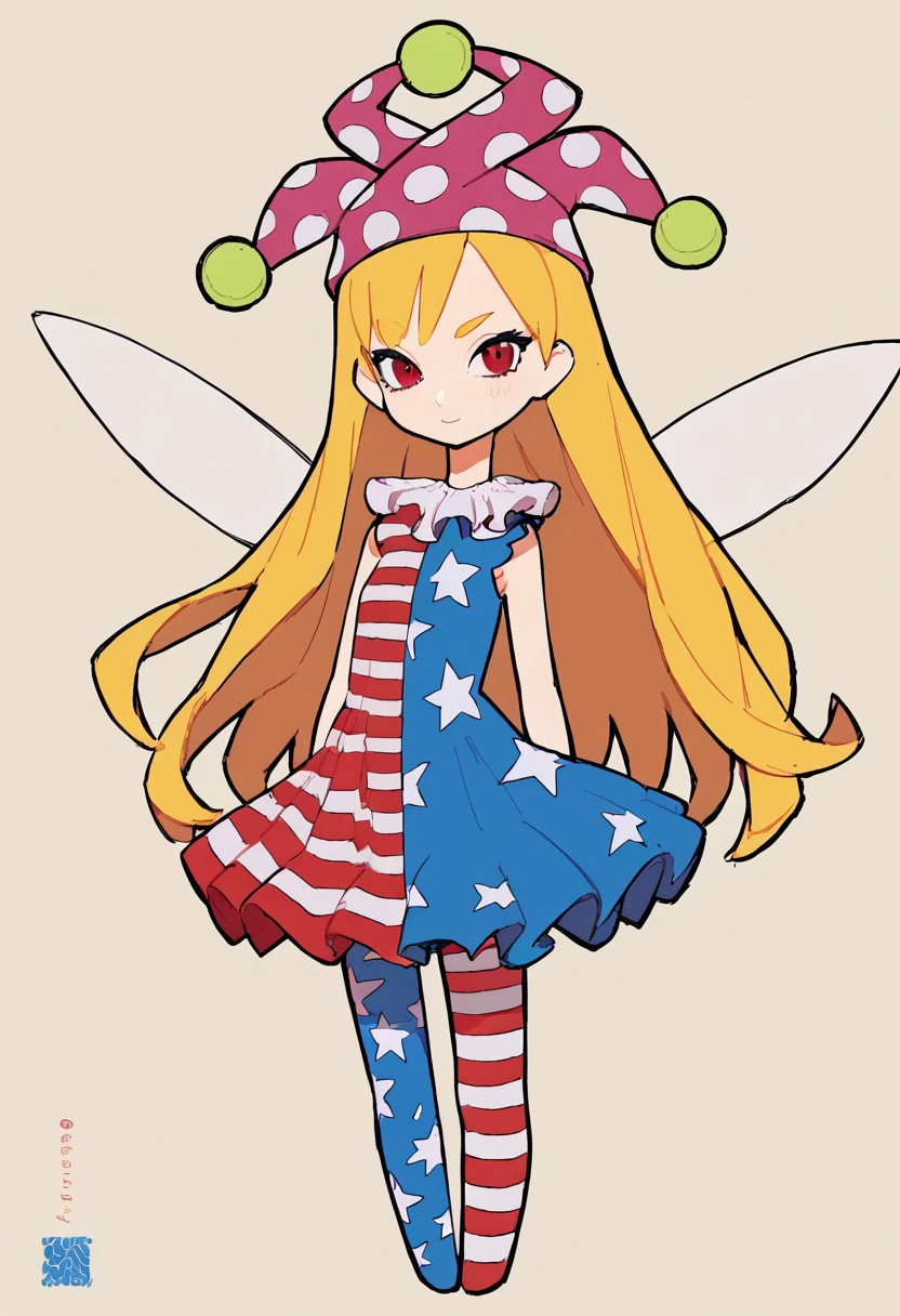 score_9, score_8_up, score_8, score_9, 1 girl, source_anime, <lora:clownpiece_pony-10:1>, jester cap, neck ruff, blonde hair, american flag legwear, american flag dress, clownpiece, red eyes, long hair, detailed background, <lora:Eiken3kyuboy_Artist_Style_ponyXL-000018:0.8>, fairy wings