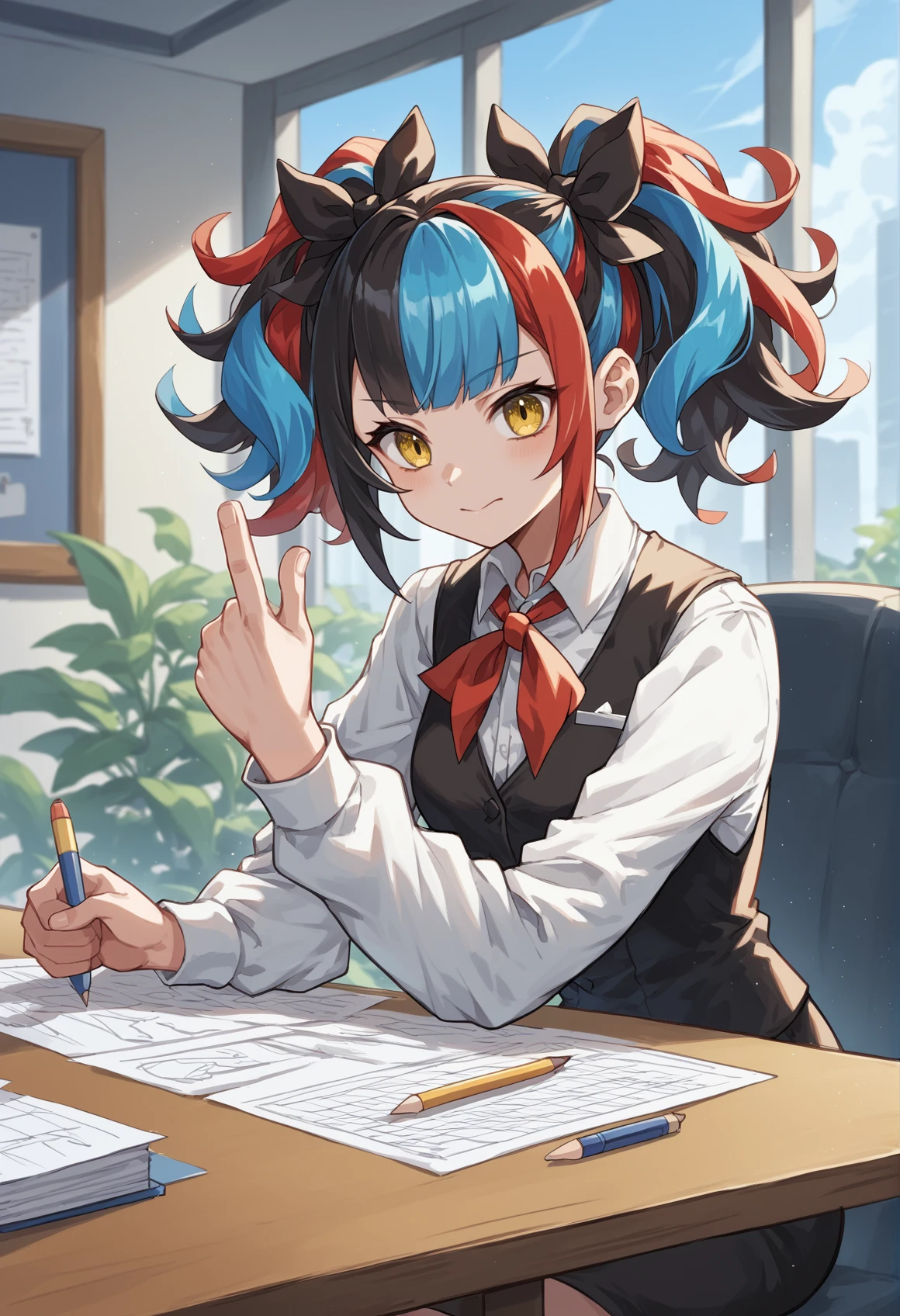 1girl, long hair, twintails, multicolored hair, black hair, red hair, blue hair, yellow eyes, hair ribbon, white shirt, long sleeves, black vest, pencil skirt, thumbs up, red handkerchief, neck handkerchief, indoors, office <lora:Nagiko:1>, score_9, score_8_up, score_7_up, score_6_up, score_5_up, score_4_up, BREAK source_anime, masterpiece