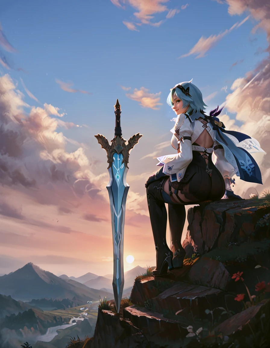 score_9, score_8_up, score_7_up,
(eula),sitting atop a cliff, legs in the void, white medieval city below,
planted-sword,
greatsword,
cloud, sunset, wind,
view from behind,
looking back,light smile,
fantasy background,
<lora:planted_sword:1>