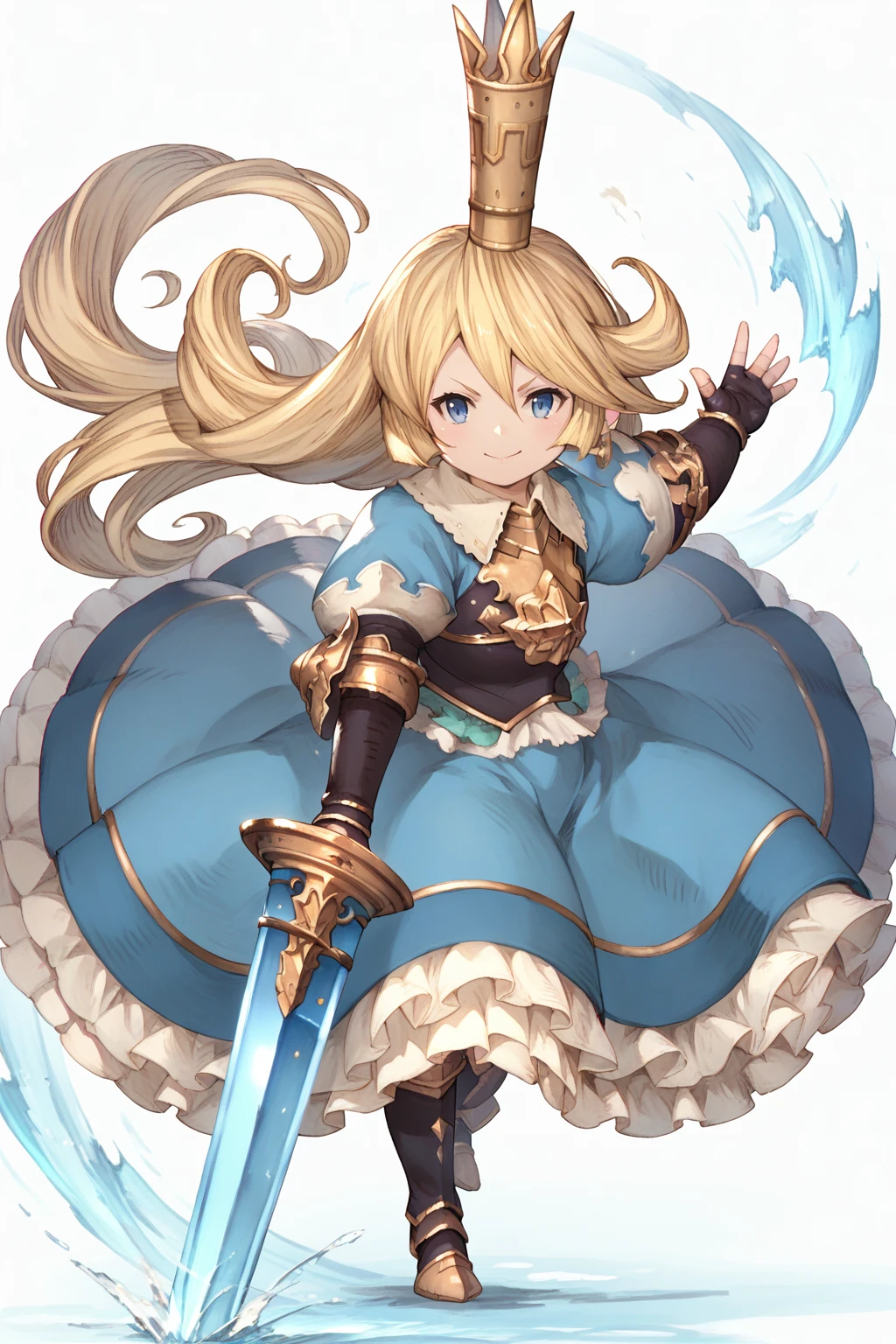 zPDXL, 1girl , <lora:Character_Charlotta_Granblue_Fantasy:1>, charlotta, granblue fantasy, dwarf,meadow background, sword, dynamic pose, crown, blonde hair, blue eyes