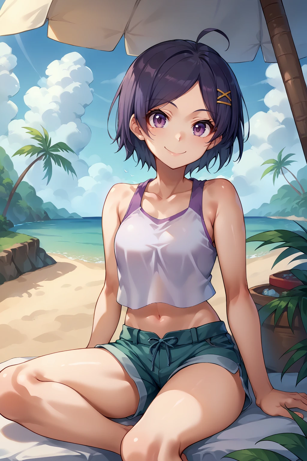 score_9, score_8_up, score_7_up, source_anime, looking at viewer, smile, kmchkgy, purple eyes, short hair, hairclip, tank top, shorts, sitting, outdoors, beach, tree, tropical, <lora:Hoseki_Oregairu_KomachiHikigaya_PDXL_v1:1>