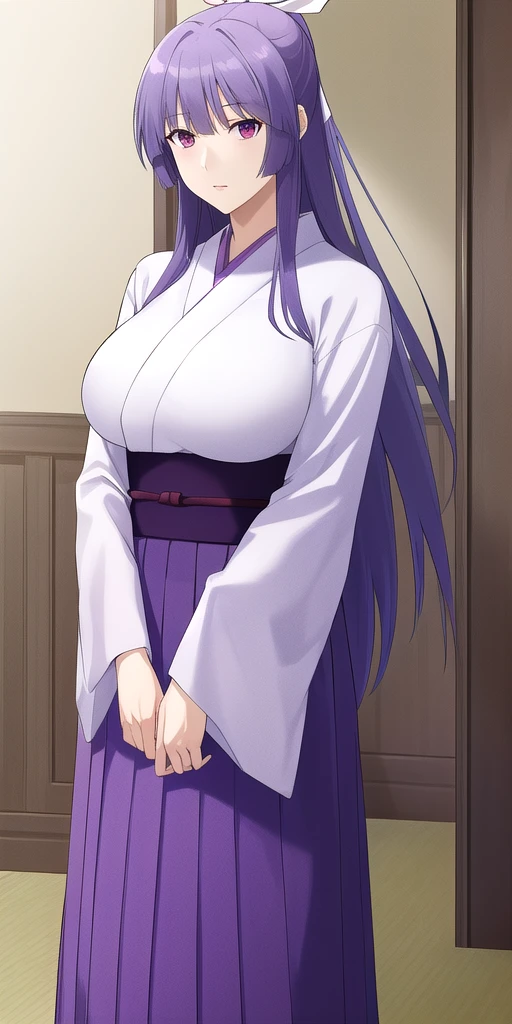 <lora:MiyaV2:0.7> asama_miya, huge_breasts, standing, solo, white_hair hair_ribbon, Miko_White_kimono_Purple_hakama_skirt_Wide_sleeves_Purple_sash, masterpiece, best_quality, detailed_face, detailed_eyes, highres, beautiful, detailed, absurdres,