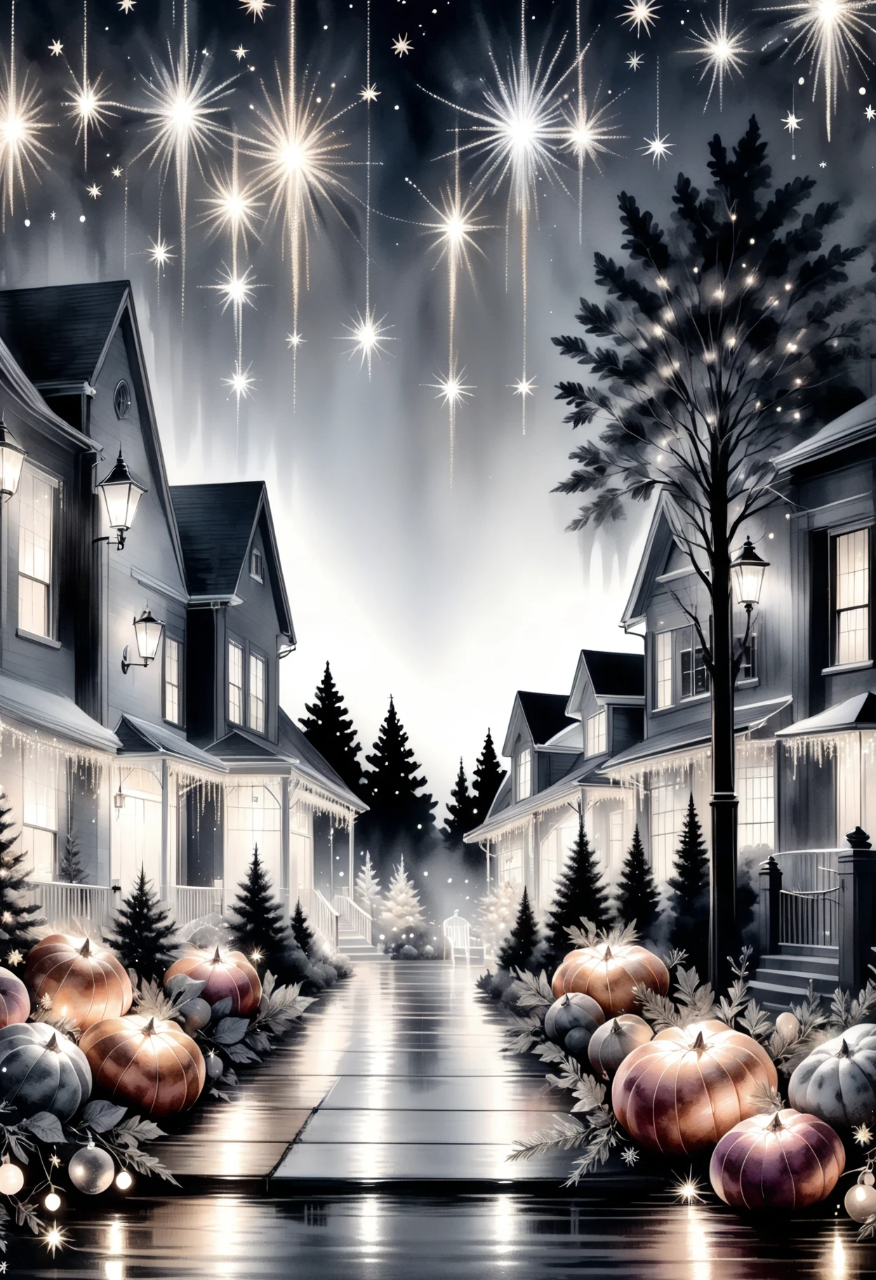 DonMN0c7urn4l1nkXL ink,christmas lights and decorations, redemption, tinsel,,sweet potatoes, harmonious and unified,reflective and grateful,peaceful and serene, starburst lights, admiring neighborhood christmas light displays  <lora:DonMN0c7urn4l1nkXL:1>