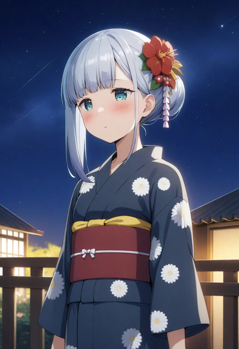 aharen reina,1girl, solo, japanese clothes, sky, kimono, hair ornament, flower, night, star (sky), hair flower, starry sky, night sky, hair bun, yukata, floral print, single hair bun, sash, blush, bangs
,masterpiece, best quality,
<lora:aharen-san wa hakarenai A31 e1-000010:0.70>