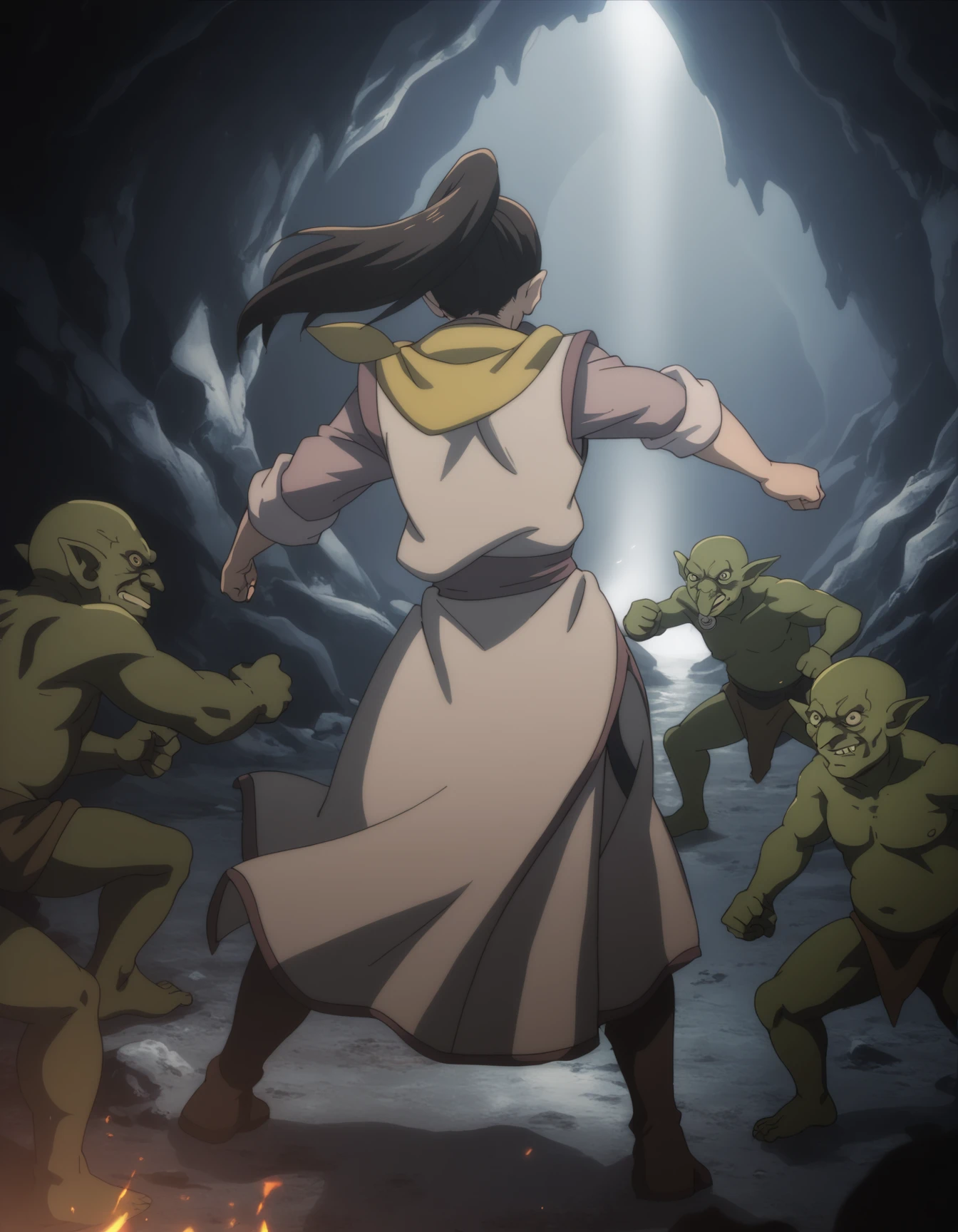 score_9, score_8_up, score_7_up, <lora:fighter-gs-ponyxl-000015:1> gsfghtr, multicolored robe, neckerchief,
1girl, battle, (goblin:0.8), cave, dim lighting