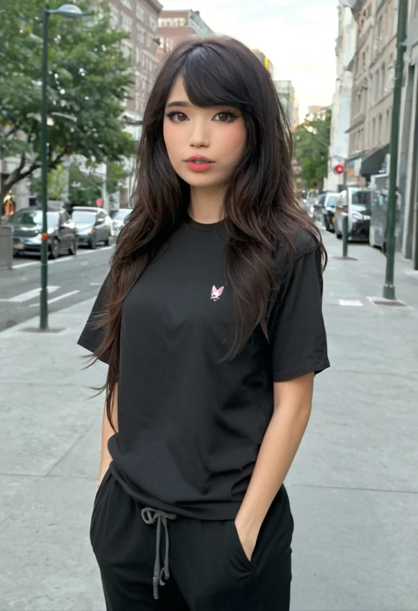 a girl, simple tshirt, short sleeves, black pants, outdoors, city, makeup, detailed facial features, emirulolxl, <lora:EmiruXL:0.9>