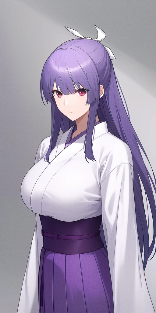 <lora:MiyaV2:0.7> asama_miya, huge_breasts, standing, solo, white_hair hair_ribbon, Miko_White_kimono_Purple_hakama_skirt_Wide_sleeves_Purple_sash, masterpiece, best_quality, detailed_face, detailed_eyes, highres, beautiful, detailed, absurdres,