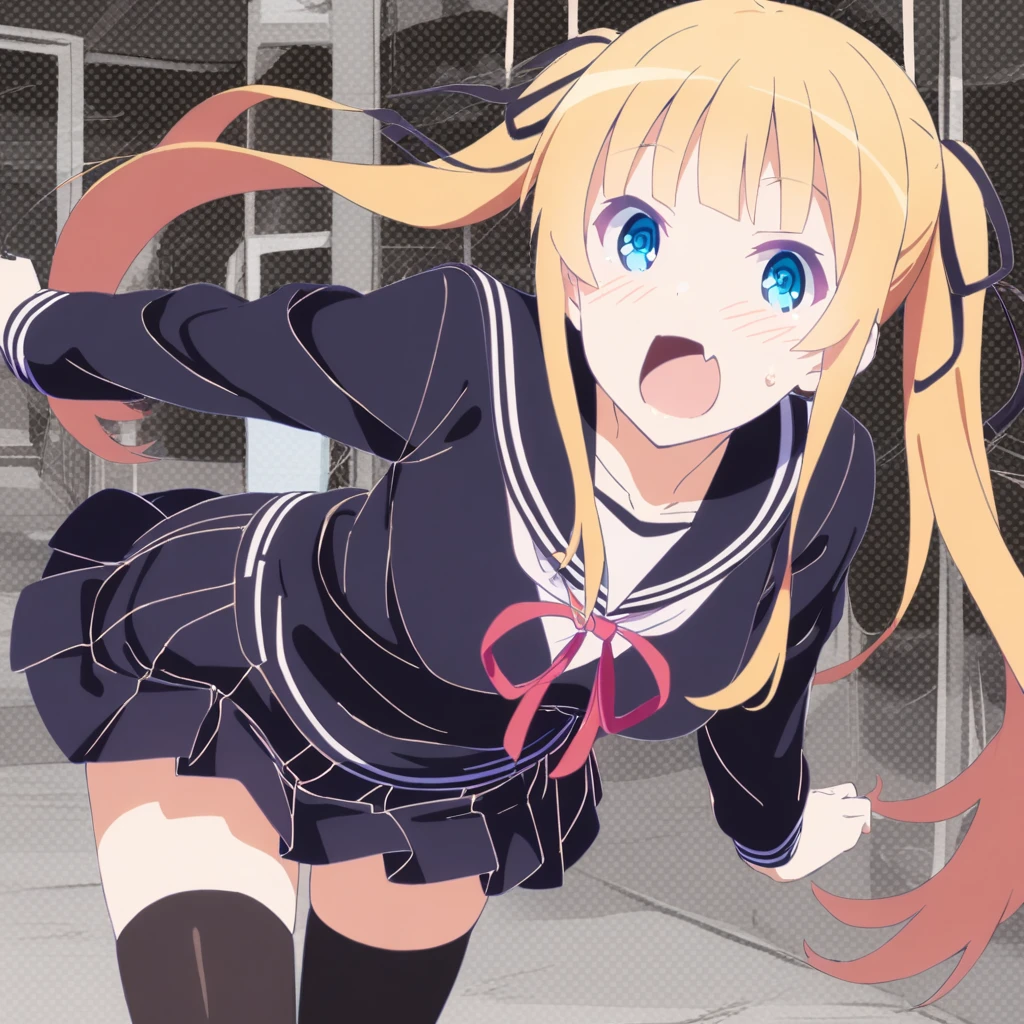 1girl,
sawamura spencer eriri,
solo, blush, skirt, thighhighs, black thighhighs, open mouth, blue eyes, twintails, long hair, fang, hair ribbon, ribbon, blonde hair, looking at viewer, school uniform,
masterpiece, best quality, safe
<lora:mki-ani31-style2-v1-000125:1>