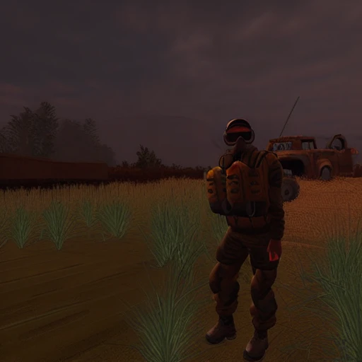 cloudy sky, outdoors, grass, fire, ground vehicle, motor vehicle, sitting, standing, backpack, military vehicle, goggles