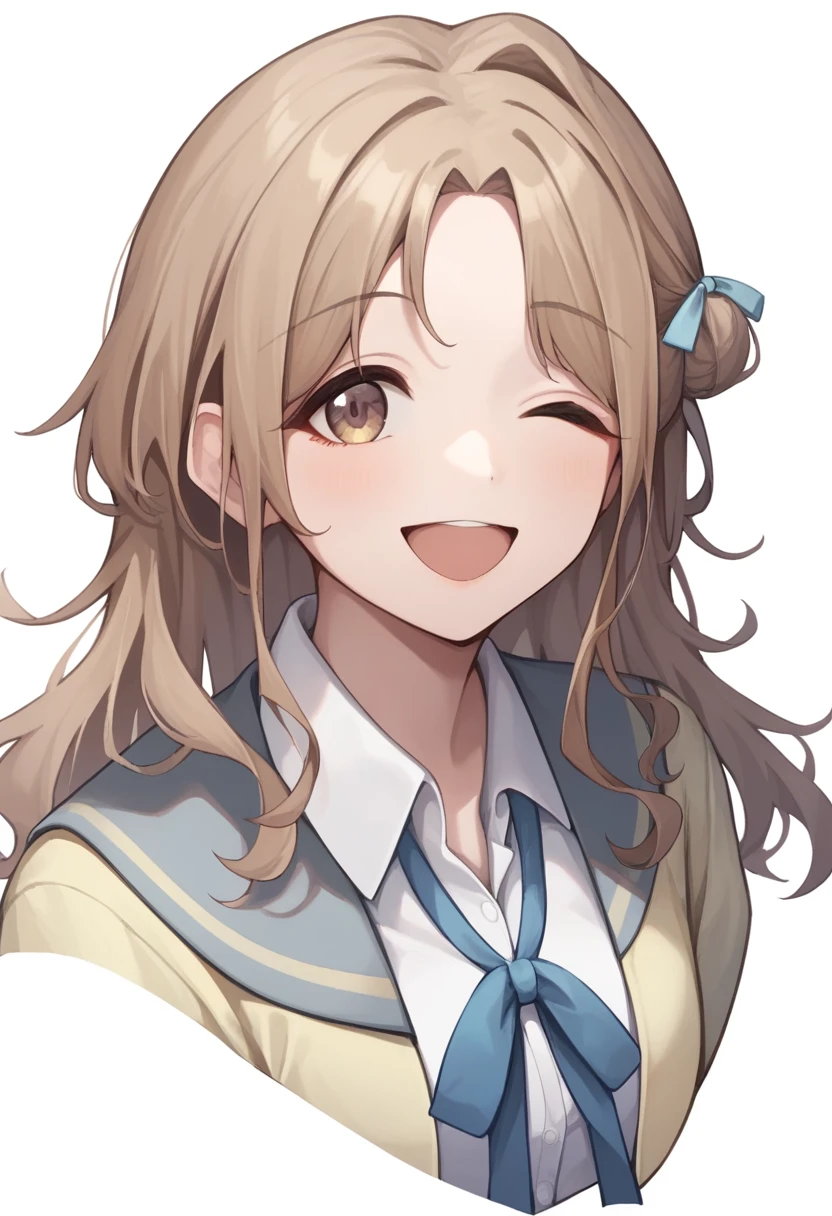 score_9,score_8_up,score_7_up,<lora:ichikawa_hinana_pony:1>,sailor_collar,serafuku,smile,school_uniform,simple_background,absurdres,white_background,upper_body,blue_ribbon,highres,ribbon,cardigan,shirt,looking_at_viewer,collared_shirt,white_shirt,cropped_torso,yellow_cardigan,ichikawa_hinana,one_eye_closed,solo,;\),1girl,neck_ribbon,