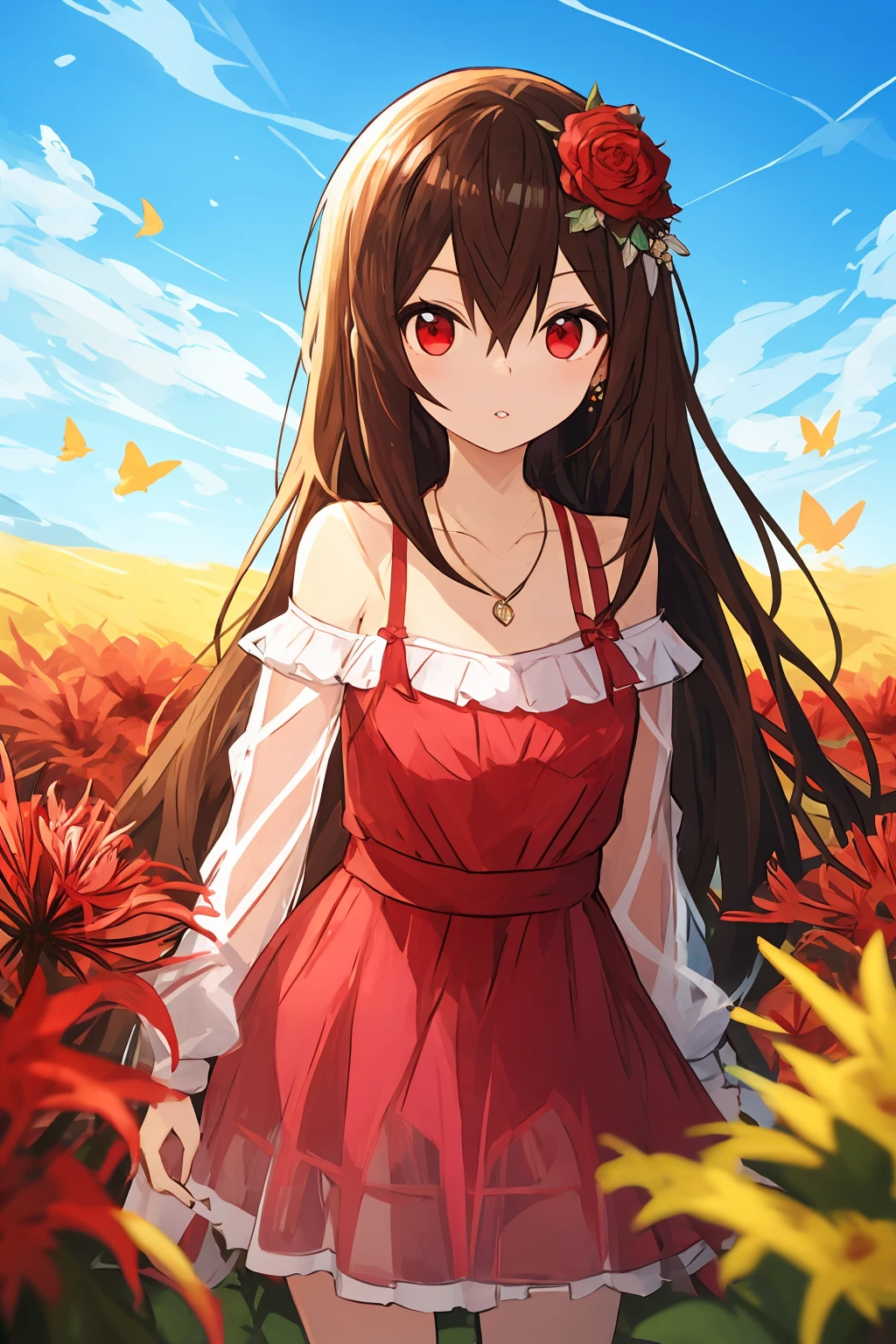 1girl, spider_lily, flower, long_hair, hair_ornament, red_eyes, bug, dress, hair_flower, red_flower, brown_hair, solo, flower_field, butterfly, bangs, long_sleeves, bare_shoulders, field, looking_at_viewer, pink_dress, very_long_hair, jewelry, closed_mouth, outdoors, sky, collarbone, standing, frills, necklace, off_shoulder, see-through, hair_between_eyes, parted_lips,<lora:æç«é³æµª-000030:0.6>,