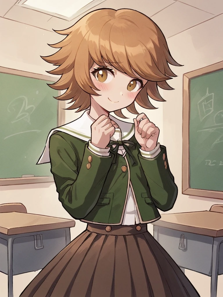 score_9, score_8_up, score_7_up, 
1boy, androgynous, fujisaki chihiro, brown eyes, brown hair, short hair, flipped hair, 

smile, shy, standing, classroom, green jacket, white sailor collar, brown skirt, looking at viewer,