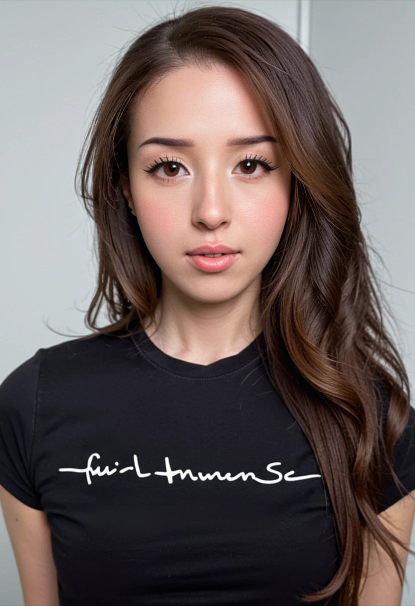 a girl, full headshot breasts, black tshirt, writing tshirt, pokimanelolxl, parted lips, <lora:PokimaneXL:0.9>