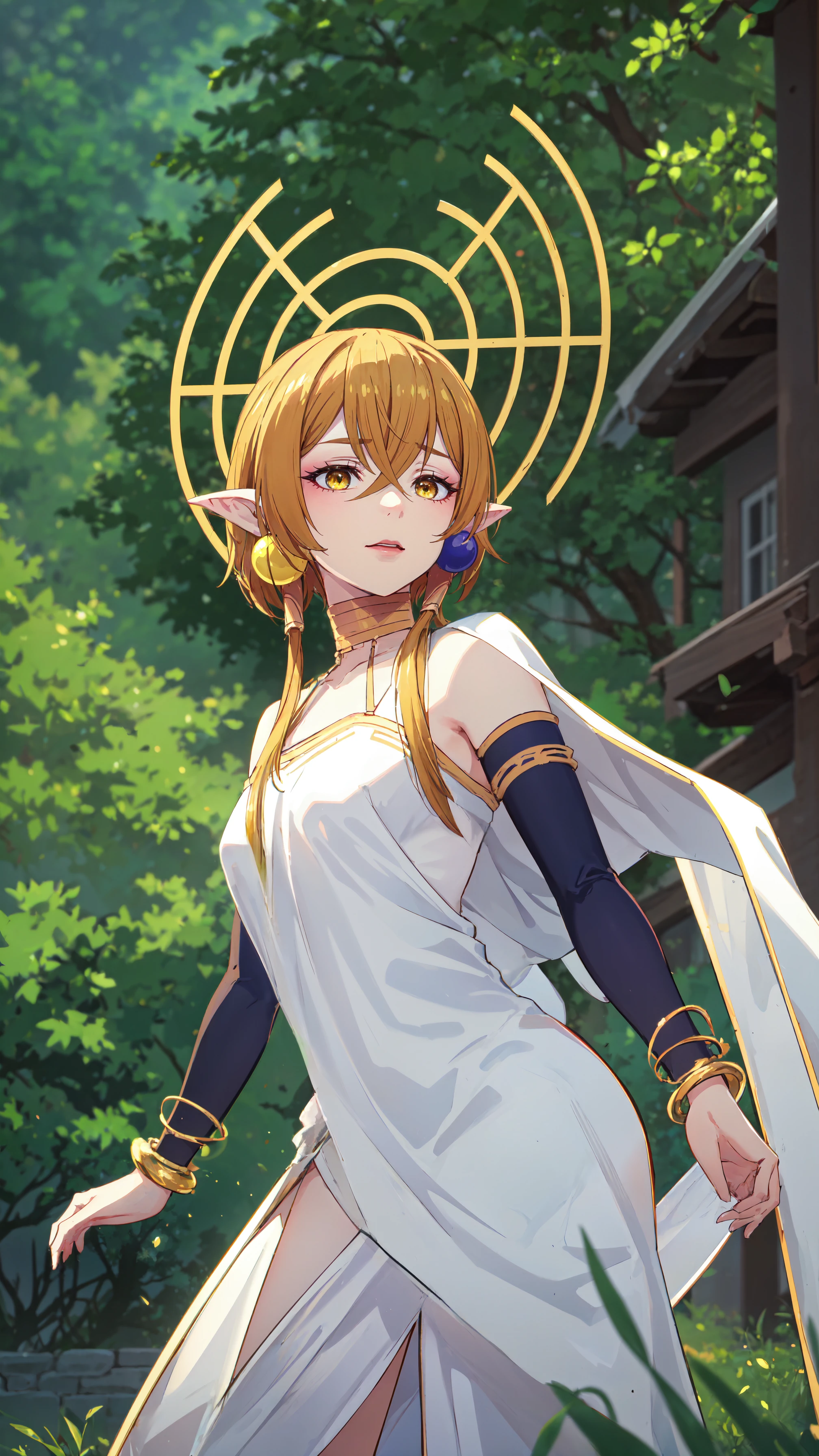 photorealistic, (4k), depth of field, (Masterpiece), (realistic skin texture), extremely detailed, intricate, hyper detailed, professional photography, bokeh, high resolution, sharp detail, best quality, woman, short hair, blonde hair, yellow eyes, long twintails, pointy ears, halo, gold and purple earrings, detached sleeves, gold choker, white and purple robe, robe over one shoulder, gold bracelets, <lora:GoodHands-vanilla:0.4>, <lora:detail_slider_v4:0.8> , dynamic pose, (dynamic pose), <lora:Hiya-000004:0.8>, forest, tall grass, light rays, forest clearing,