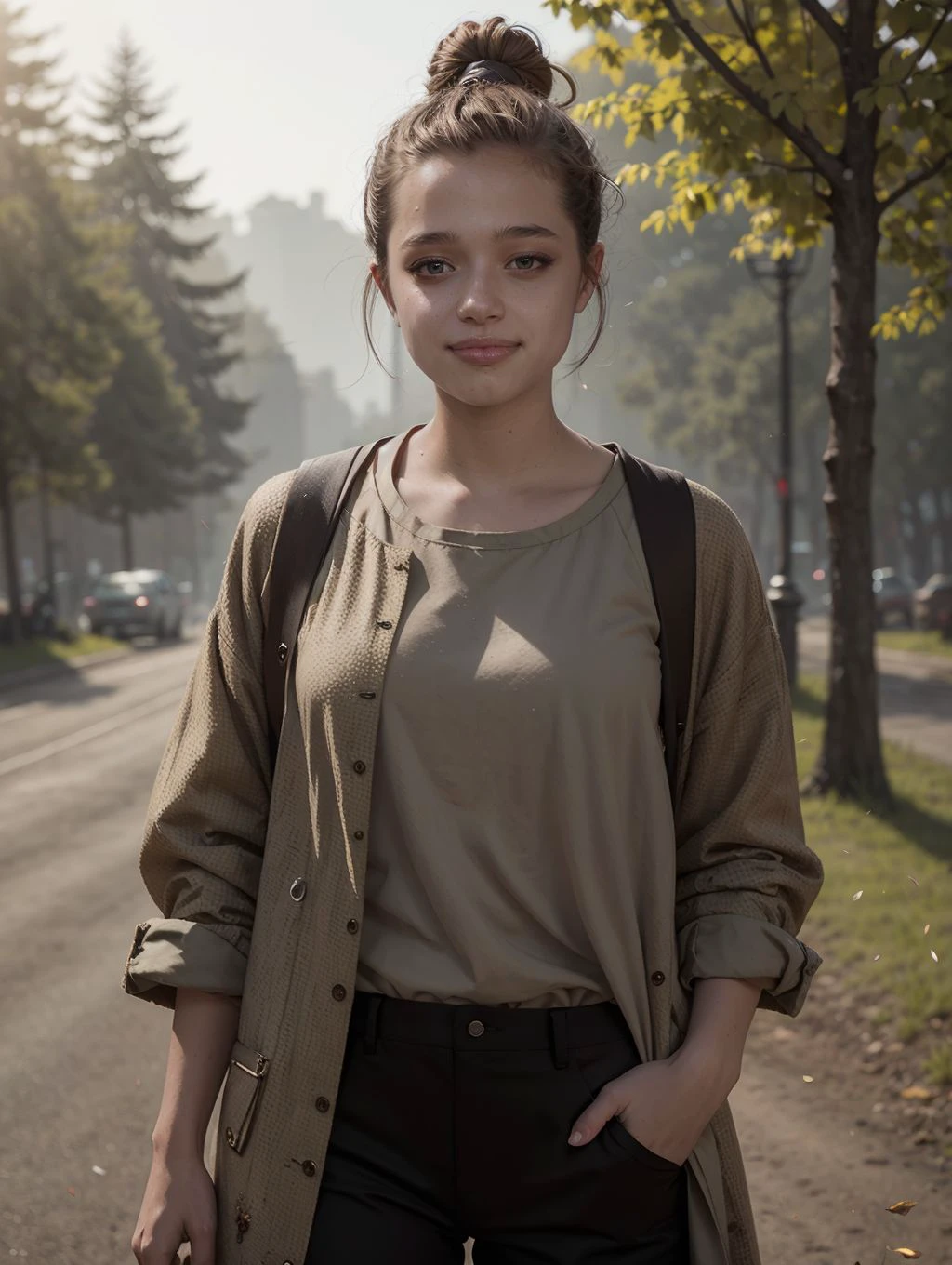 Shiloh8, a smiling woman in a brown sweater and tan pants posing for a picture in front of a tree with leaves in a forest, Carol Sutton, promotional image, a character portrait, dau-al-set, (intricate, pores, (highly detailed skin), digital painting, concept art, sharp focus, illustration, arts station,
detailed digital painting, cinematic, hype realistic, octane rendering,
hype realistic art, extremely high-resolution details, photographic, art bleak)