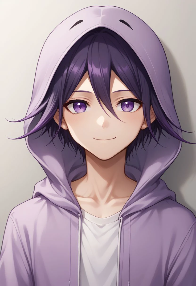 score_9, score_8_up, source_anime, highly detailed, 1boy, solo, skinny, cute, short,
kokichi, male focus, 1boy, solo,  purple eyes, bangs, purple hair, upper body, hoodie, hood, smile, closed mouth,
indoor,